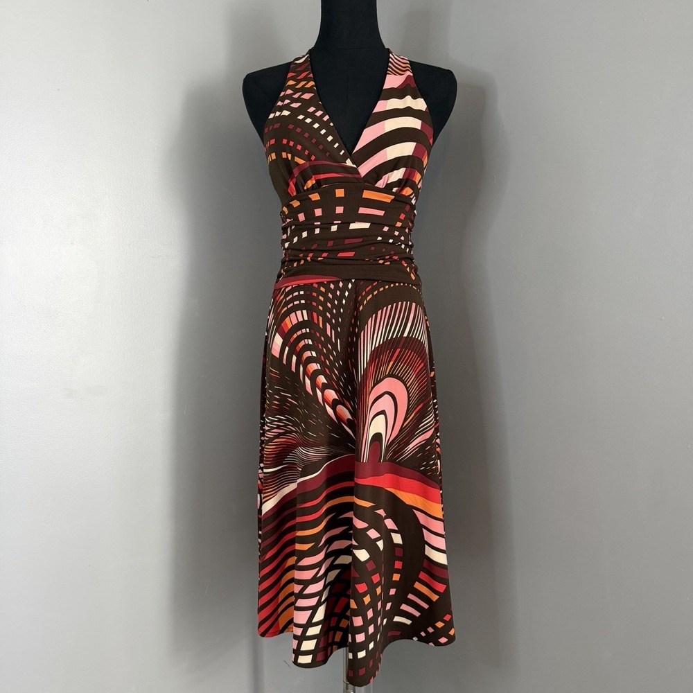 BCBG MaxAzria Halter Dress XS Brown Pink Abstract Print Ruched Empire Waist Midi